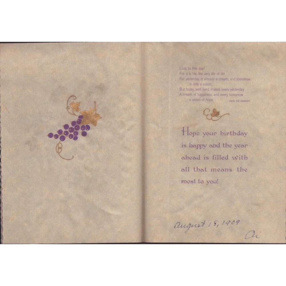 Vintage Hallmark Birthday Greeting Card Purple Grapes Gold Foil Sanskrit Verse